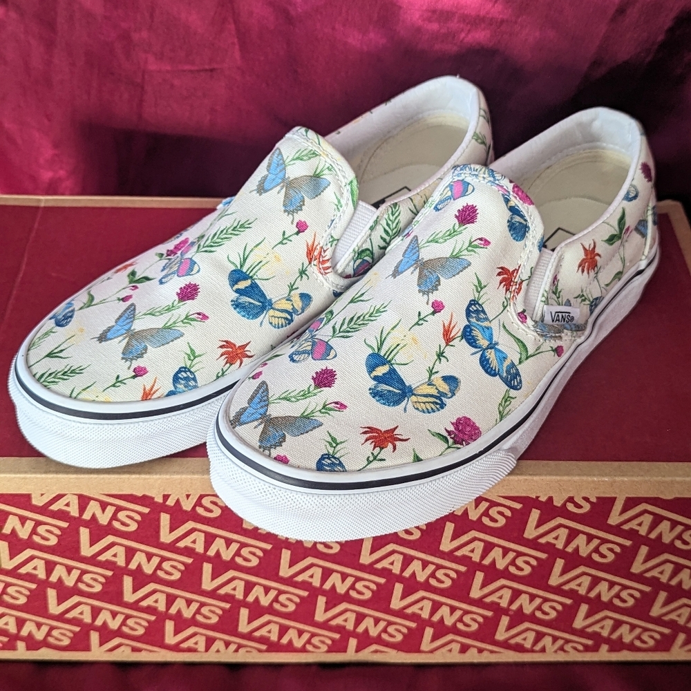 Vans Classic Slip On White Canvas Butterfly Floral Nature Women's 6.5 Men's 5
